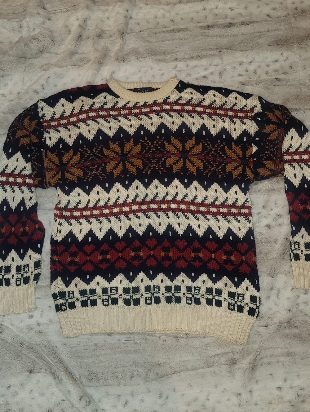 Vintage Old Glory Cream Crewneck Sweater with Navy, Burgundy & Gold Fair Isle